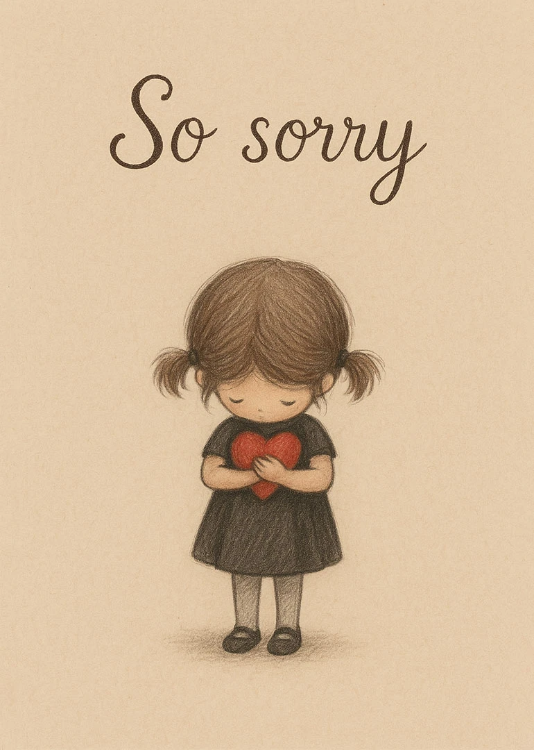 A little girl holds a red heart under the words So sorry.