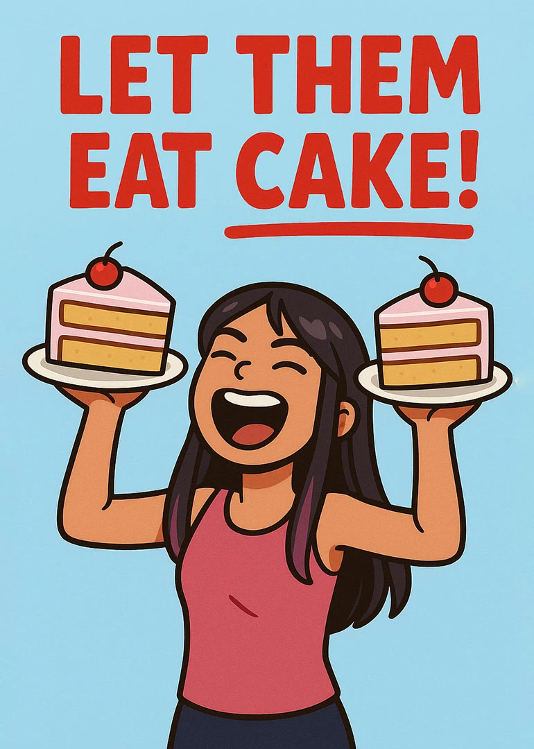Smiling woman holding two cake slices beneath Let Them Eat Cake text on blue background.
