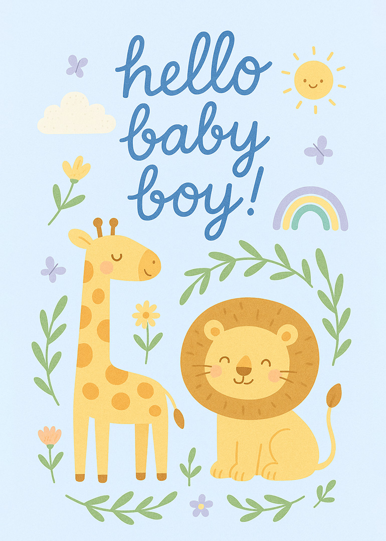Baby boy card with giraffe, lion, flowers, rainbow, sun, and butterflies on blue background