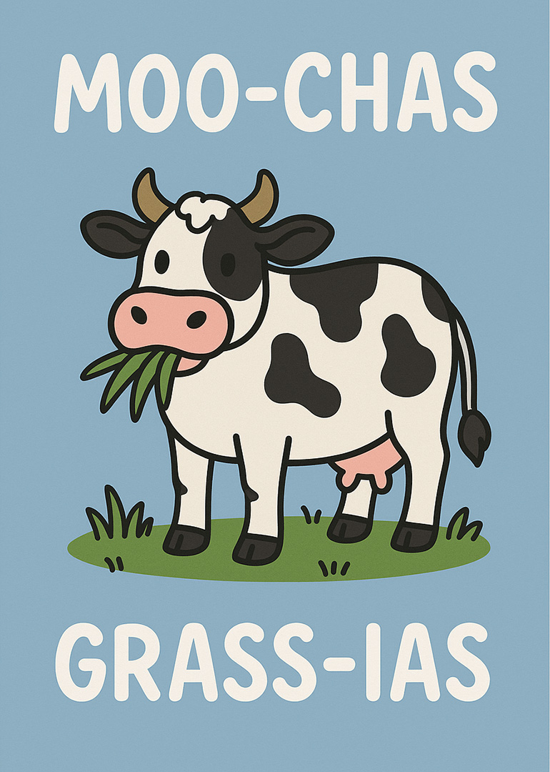 Cartoon cow eating grass with pun text Moo-chas Grass-ias on blue background