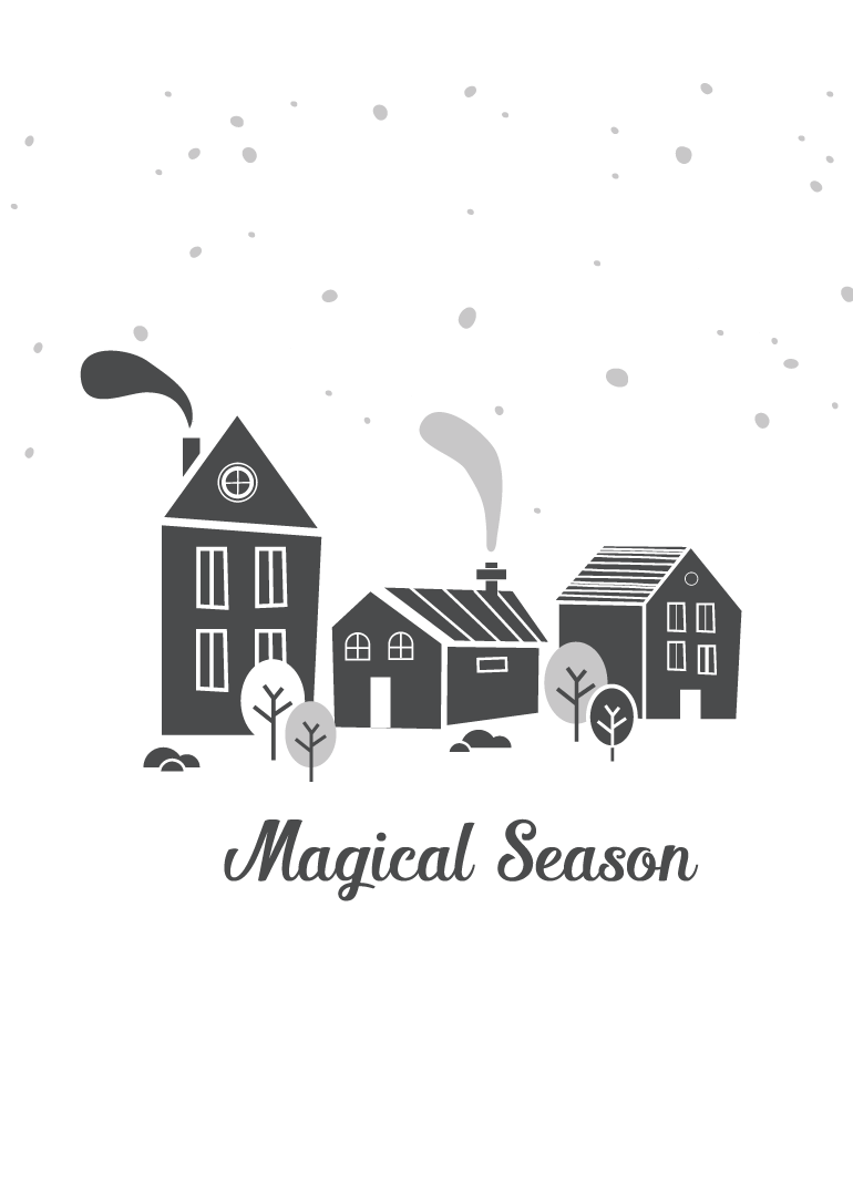 Winter village with houses, smoke, trees, and magical season text