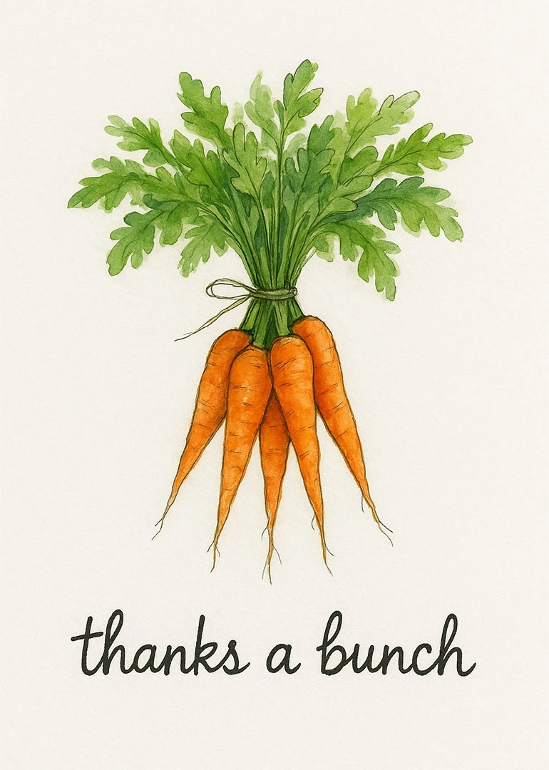 Watercolor carrots tied together with green leaves and the words thanks a bunch below.