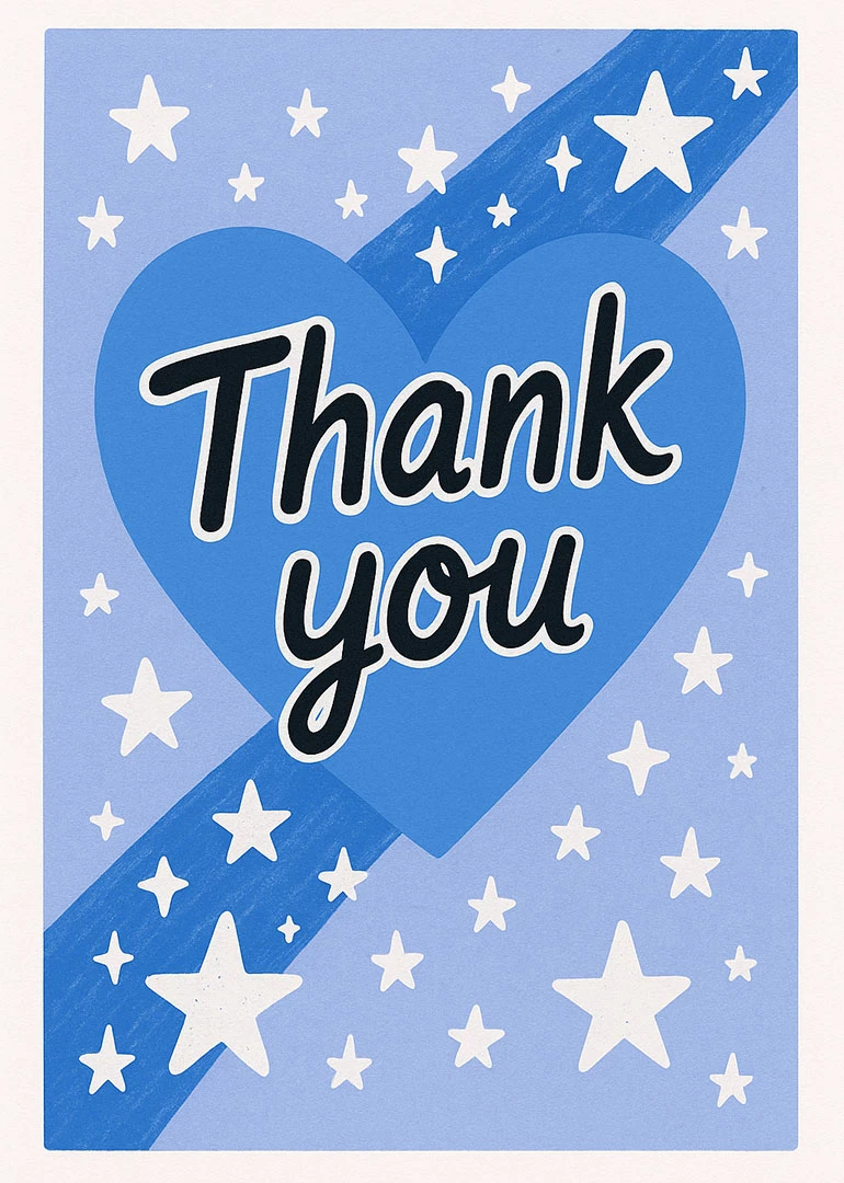Blue heart thank you card with white stars and bold black lettering on pale background.