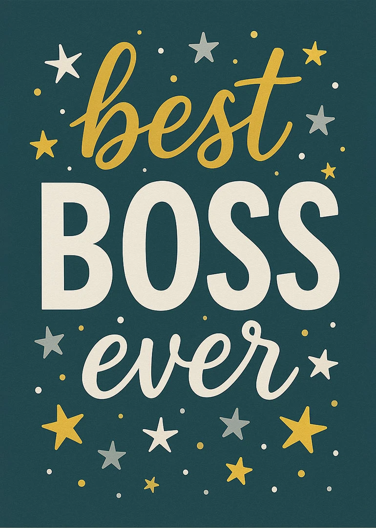Bold best boss ever card with stars on a teal background.