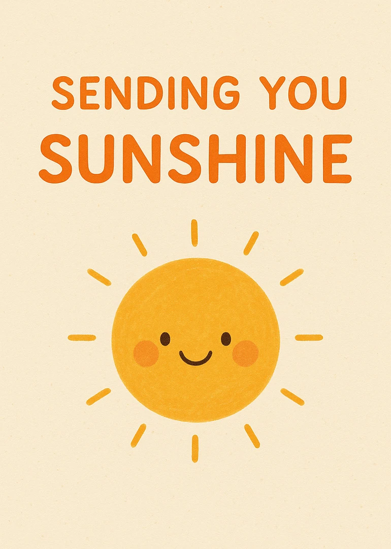 Cute smiling sun with Sending You Sunshine text on a cream background.