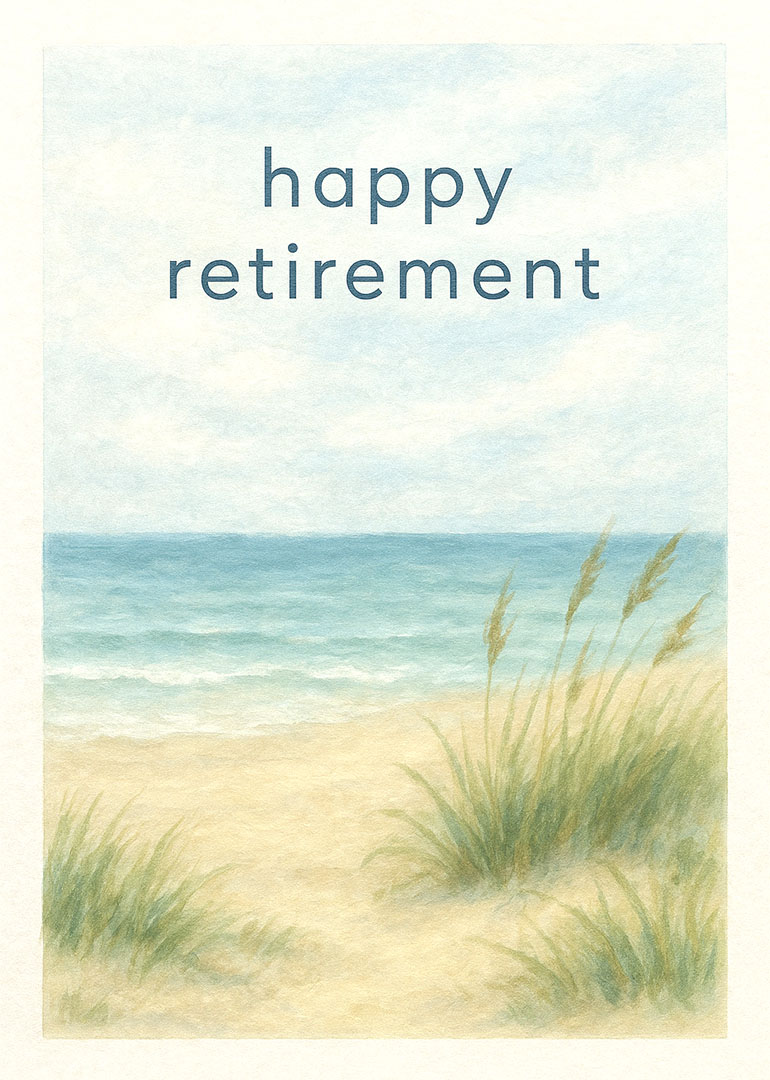 Watercolor beach scene with grass and ocean waves and happy retirement text