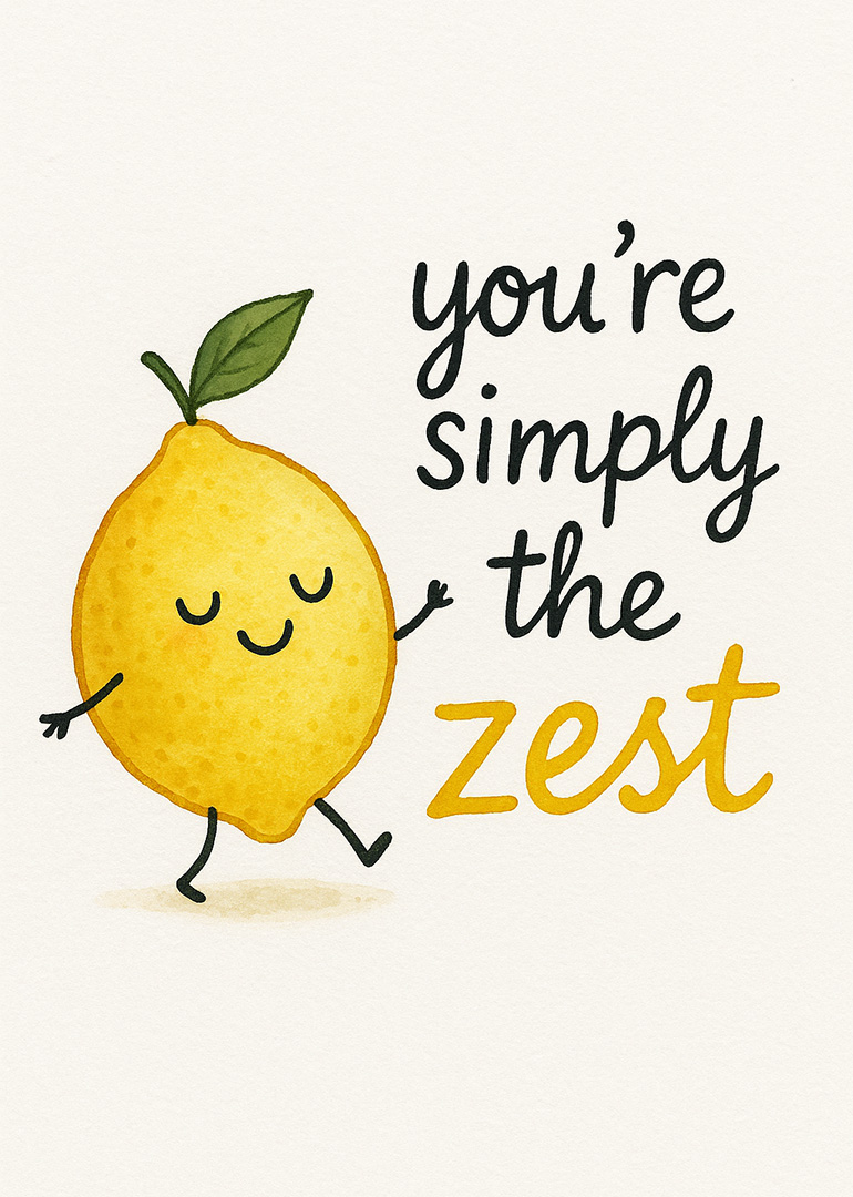 Smiling lemon character with leaf and playful text saying you're simply the zest