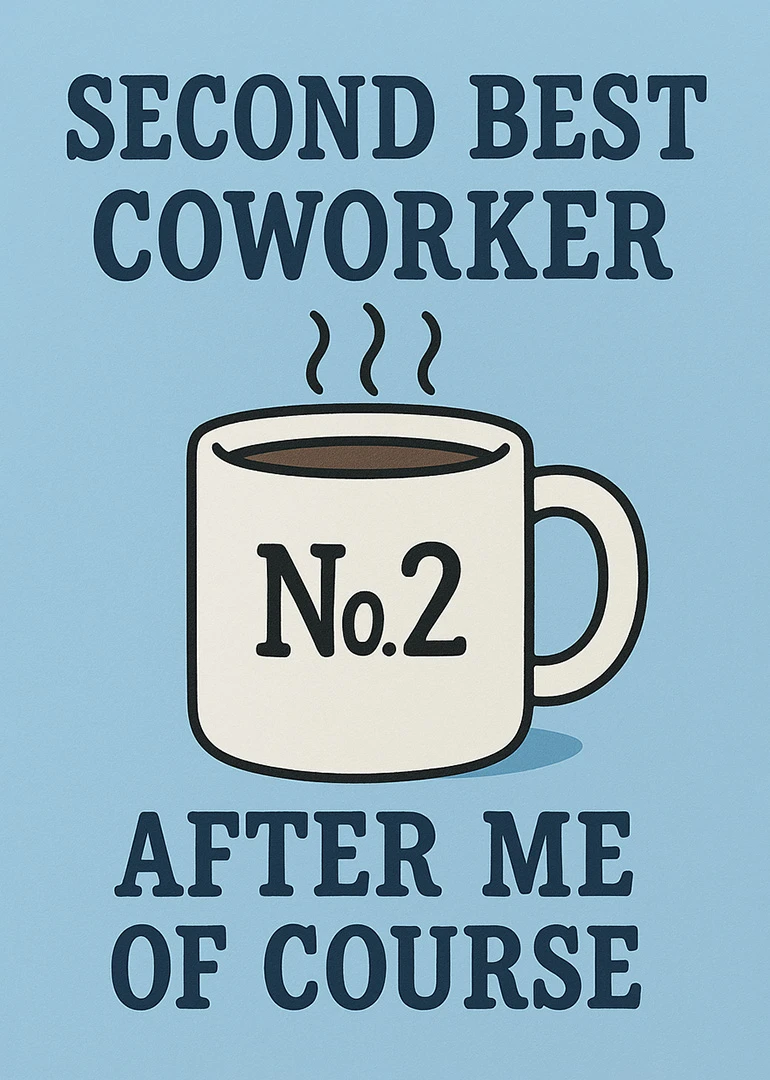 Blue card with steaming coffee mug and humorous text for a second best coworker gift.