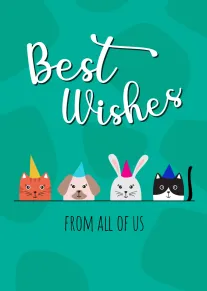 Teal card with Best Wishes text and four party animals wearing colorful birthday hats below.