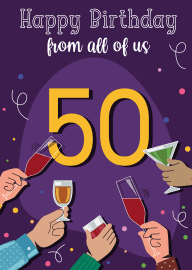 Happy 50th Birthday Celebration with Toasting Glasses and Confetti