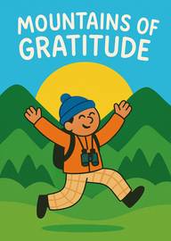 Cheerful person jumping with mountains and sun background gratitude card