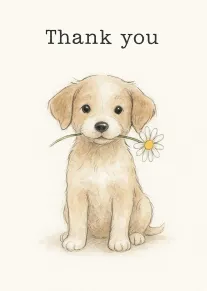 Watercolor puppy holds a daisy under Thank you text on a soft cream background card.