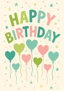 Pastel happy birthday card with colorful heart balloons and stars on a cream background design.