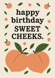 Playful birthday card with peach illustrations and cheeky message