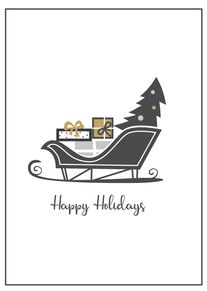 Festive sleigh carrying gifts beside a tree with Happy Holidays written below in script style.