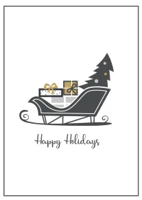 Festive sleigh carrying gifts beside a tree with Happy Holidays written below in script style.