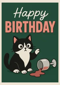 Black and white cat beside a spilled drink under Happy Birthday text on green background.
