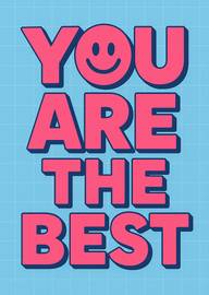 Bold pink text with smiley face on blue grid background