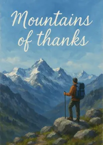 Hiker stands on a mountain peak beneath Mountains of thanks in blue painted scenery.