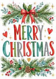 Watercolor Merry Christmas Card With Festive Greenery