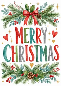 Watercolor Christmas card with greenery, red bow, berries, hearts, and bold Merry Christmas lettering throughout.