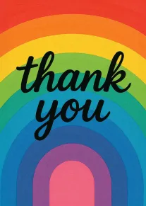 Rainbow arch card with thank you in bold black script on a vibrant background design.