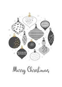 Black and gold Christmas baubles arranged above a Merry Christmas greeting on a white background.