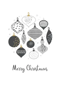 Black and gold Christmas baubles arranged above a Merry Christmas greeting on a white background.