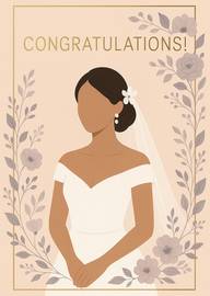 Elegant bride in white dress with floral frame congratulations card