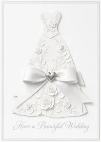 White embossed wedding dress with floral details, ribbon bow, heart, and Have Beautiful Wedding text.