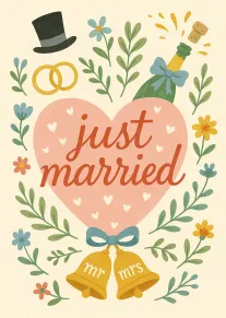 Pastel floral wedding card with a pink heart, champagne bottle, and just married wording.