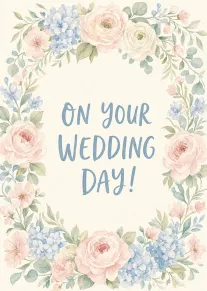 Pastel watercolor flowers and leaves frame the words On Your Wedding Day! in blue script.