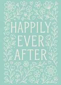 White floral doodles frame the words Happily Ever After on a soft aqua background.