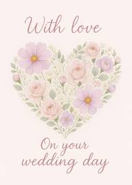 Elegant Floral Heart Wedding Day Card with Soft Pastel Flowers