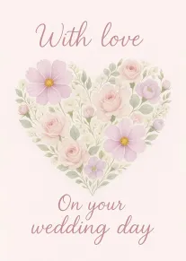 Pastel floral heart with roses and cosmos flowers, reading With love on your wedding day.