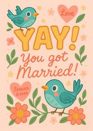 Cheerful wedding card with birds, flowers, and loving message