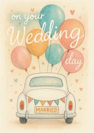 Watercolor Wedding Card with Car and Balloons Design