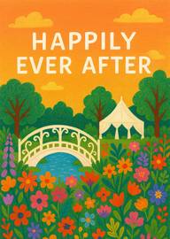 Bright floral garden scene with bridge and wedding tent