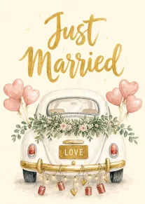 Just Married Vintage Car Wedding Card with Hearts and Flowers