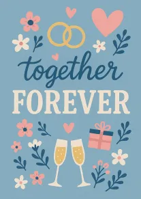Blue card with rings, hearts, flowers, champagne glasses and a gift reading together forever inside.