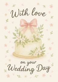Elegant Wedding Day Card with Floral Cake and Soft Bow
