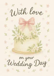 Watercolor wedding cake with pink bow and flowers, surrounded by delicate blossoms and pastel dots.