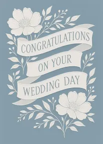 Elegant floral wedding congratulations card with ribbon banner on blue