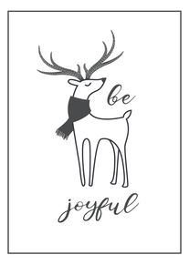 Minimal deer with scarf and dotted antlers beside Be Joyful in elegant script on white.