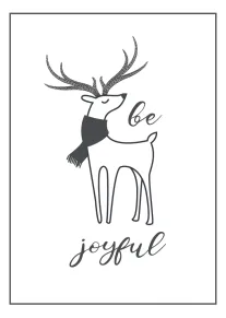 Minimal deer with scarf and dotted antlers beside Be Joyful in elegant script on white.