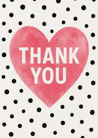 Watercolor pink heart with thank you text and black polka dot background