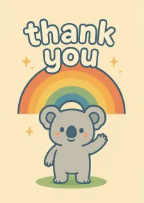 Cute koala waving beneath a rainbow with thank you text and sparkles on cream background.