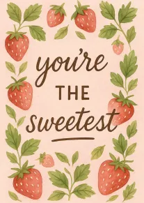 Watercolor strawberries and leaves surround the words you're the sweetest on a pink background card.