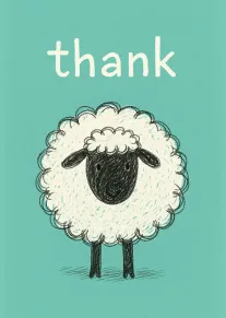 Cute fluffy sheep illustration with the word thank on a teal background in hand-drawn style.