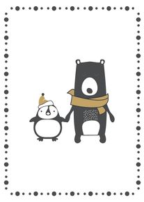 A bear and penguin holding hands, wearing winter hats and scarves, on a dotted border.